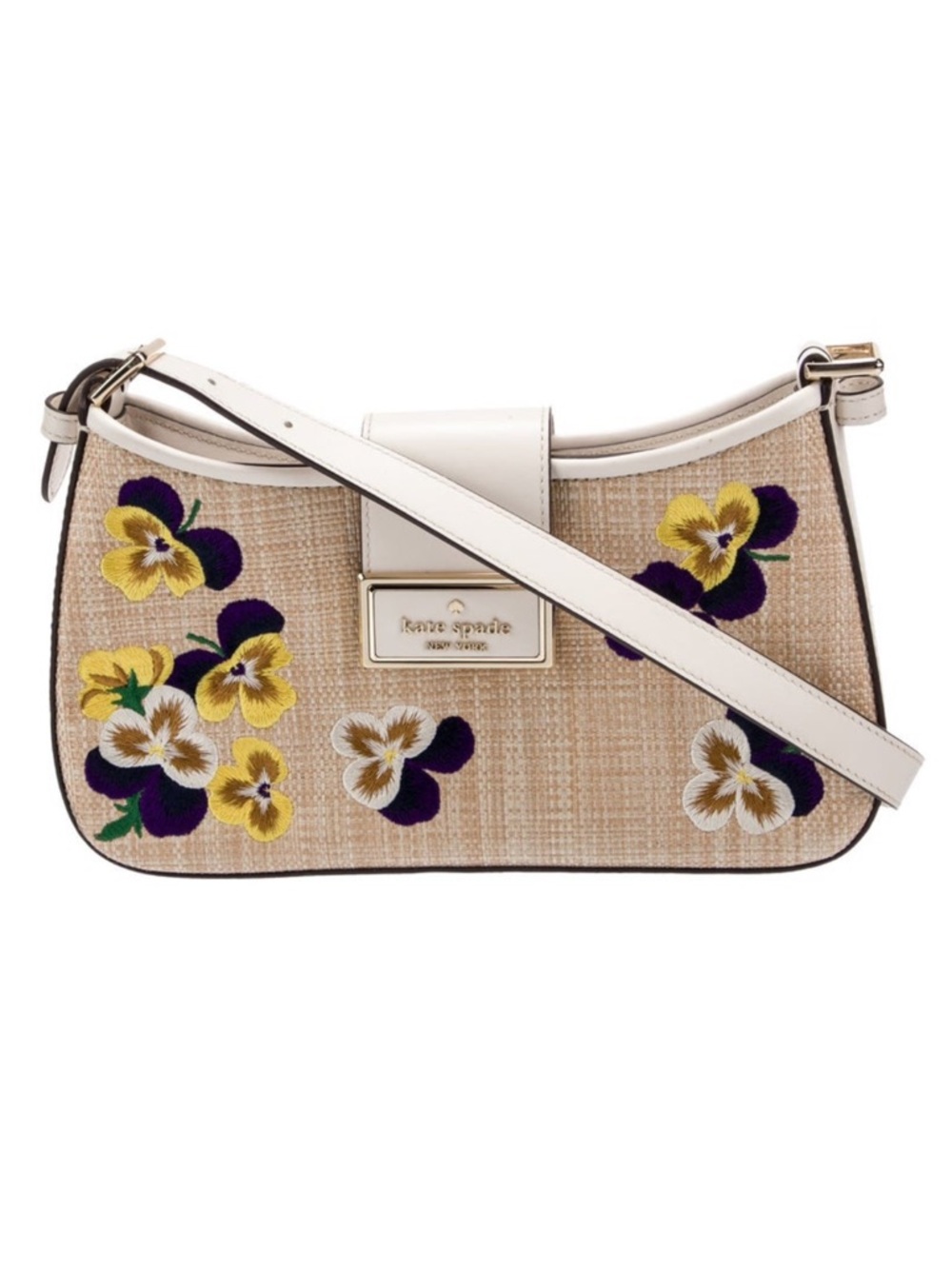 Kate Spade Cream Raffia with Yellow & Purple Floral Embroidery Pansies